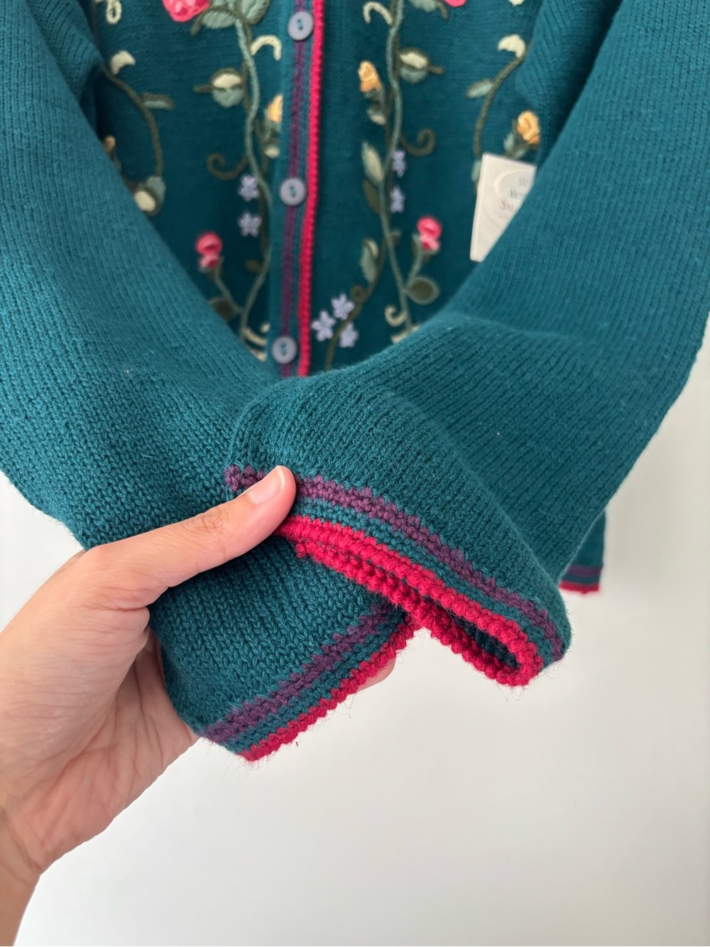 Vintage Cottagecore Teal Floral Knitted Embroidery Fairy Garden Granny Cardigan - Picture 7 of 9